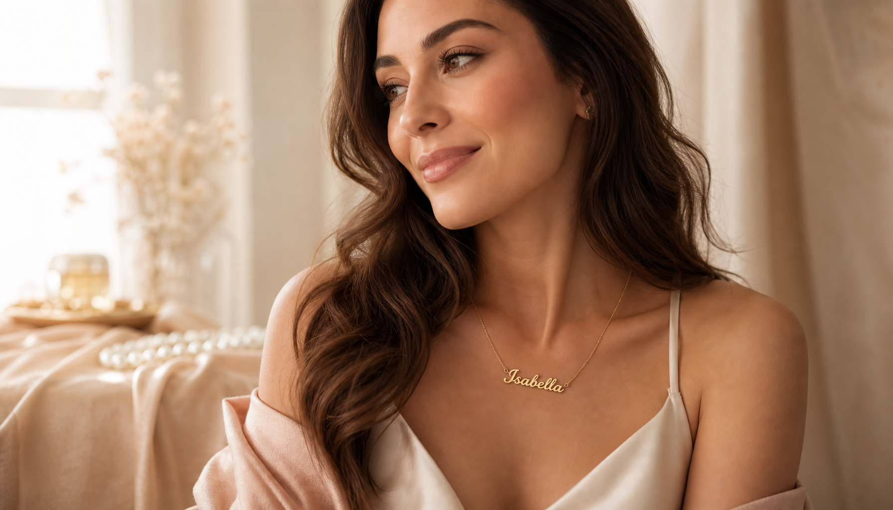 Frau trägt eine goldene personalisierte Namenskette von Lesra